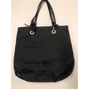 Michael Kors Jet Set Black Signature Purse Logo Canvas Leather Large Tote Bag